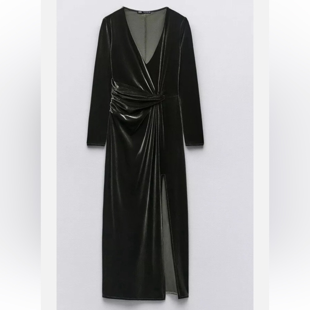 Zara Green / Gray Velvet Long Sleeve Dress